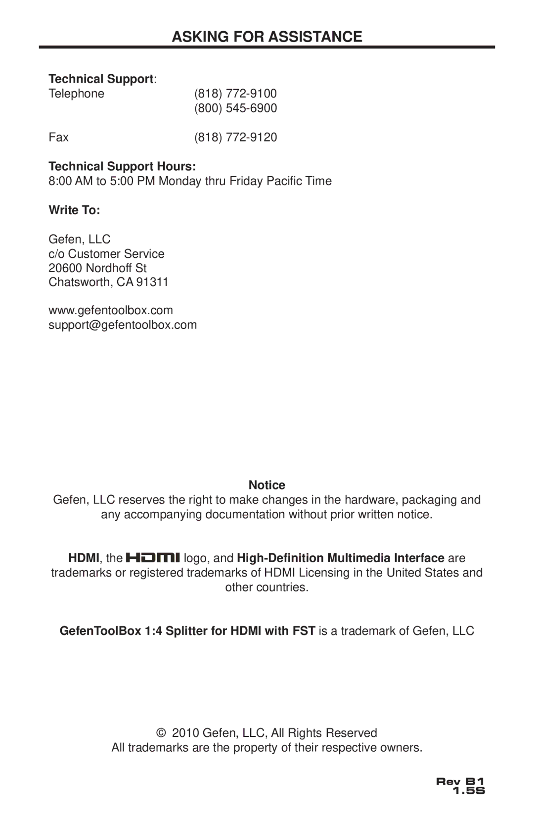 Gefen GTB-HDFST-148-BLK user manual Asking for Assistance, Technical Support Hours, Write To 