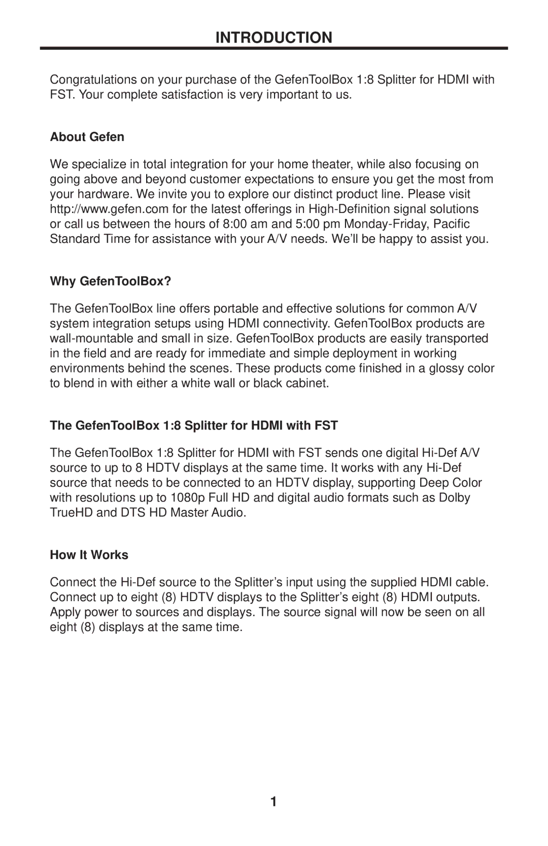 Gefen GTB-HDFST-148 Introduction, About Gefen Why GefenToolBox?, GefenToolBox 18 Splitter for Hdmi with FST, How It Works 