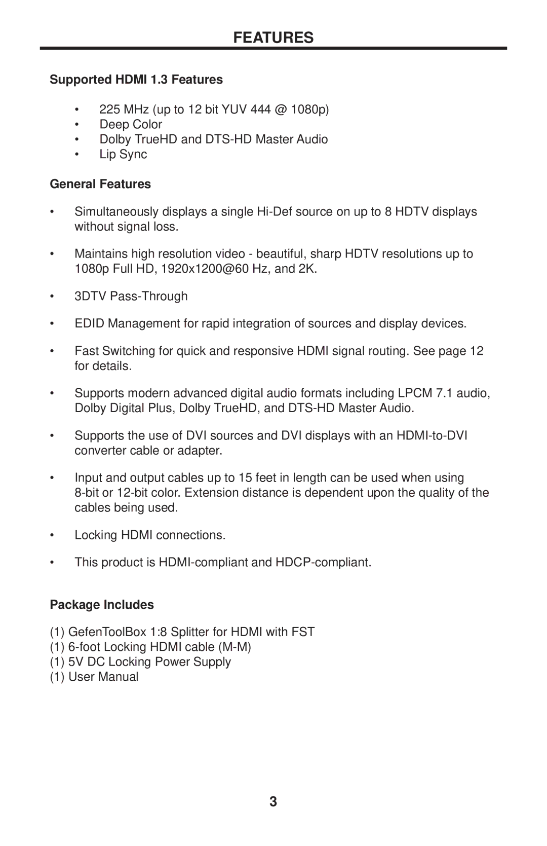 Gefen GTB-HDFST-148-BLK user manual Supported Hdmi 1.3 Features, General Features, Package Includes 