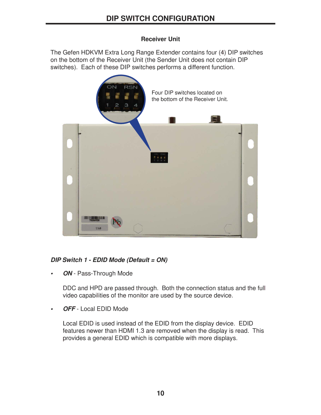 Gefen GTB-HDVK,-ELR-BLK, GTB-HDKVM-ELR user manual DIP Switch Configuration, Receiver Unit 