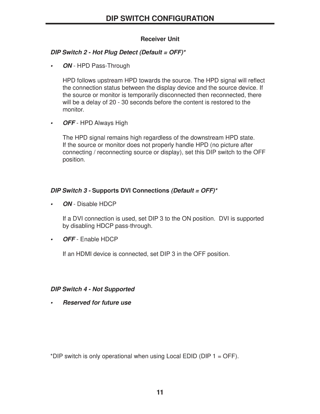 Gefen GTB-HDKVM-ELR, GTB-HDVK,-ELR-BLK user manual DIP Switch 4 Not Supported Reserved for future use 