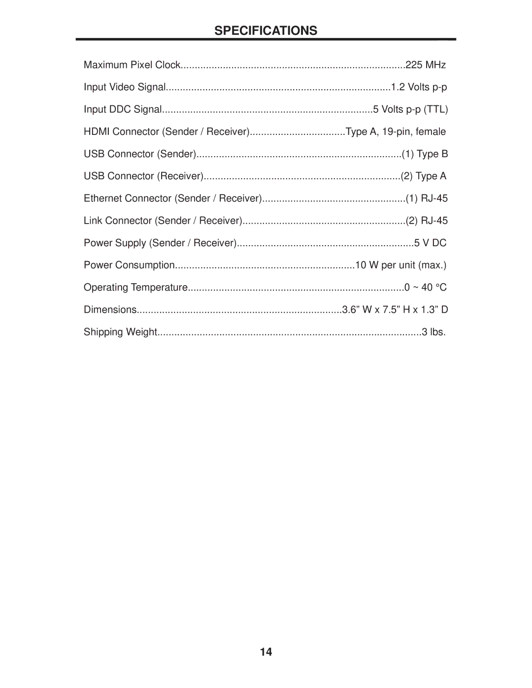 Gefen GTB-HDVK,-ELR-BLK, GTB-HDKVM-ELR user manual Specifications 