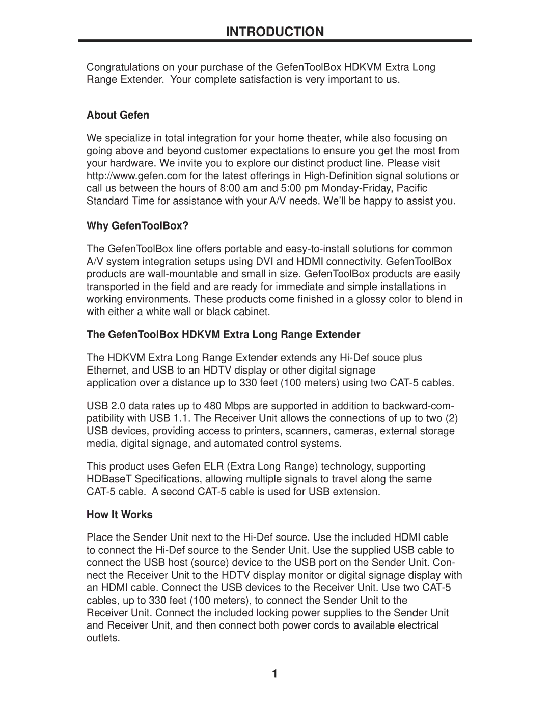 Gefen GTB-HDKVM-ELR user manual Introduction, About Gefen Why GefenToolBox?, GefenToolBox Hdkvm Extra Long Range Extender 