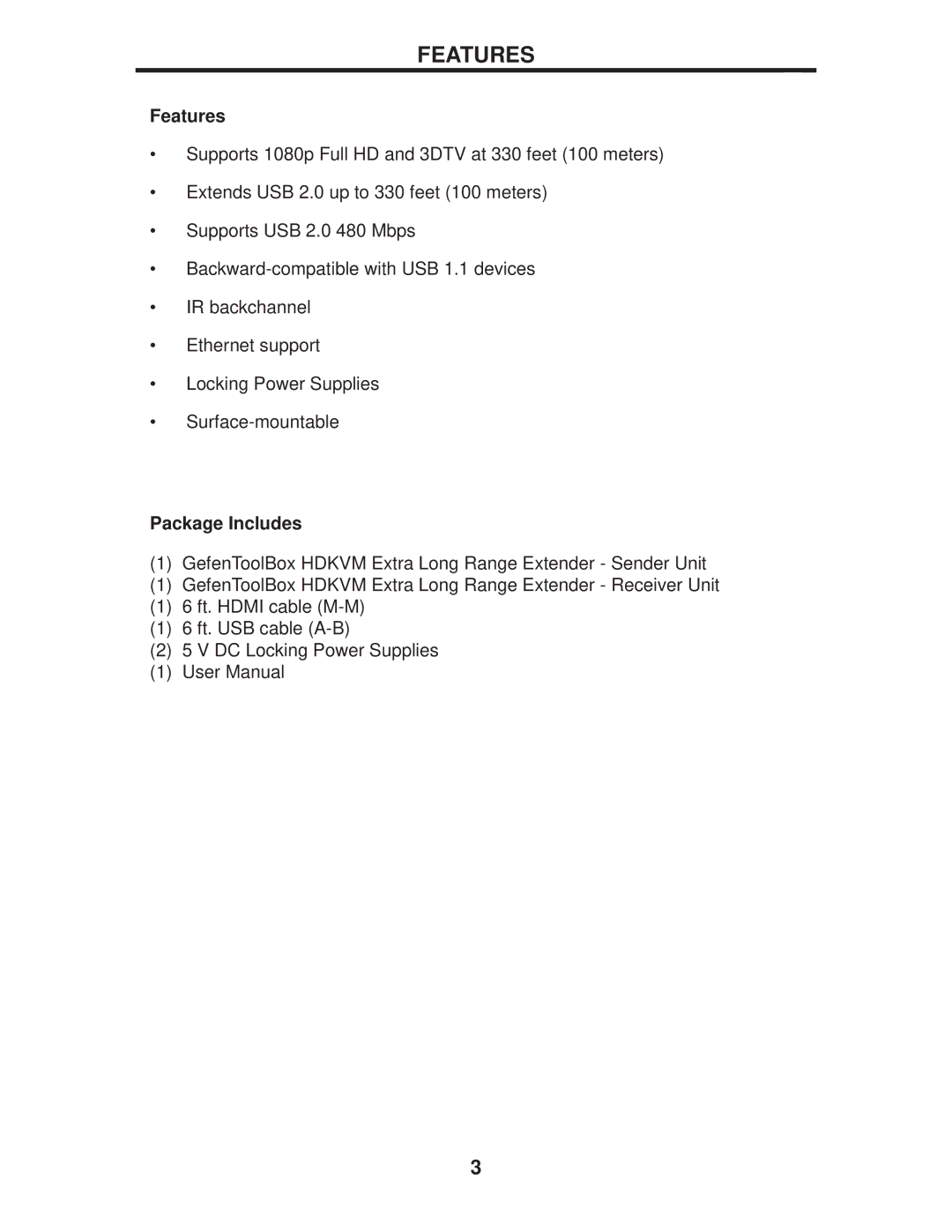 Gefen GTB-HDKVM-ELR, GTB-HDVK,-ELR-BLK user manual Features, Package Includes 