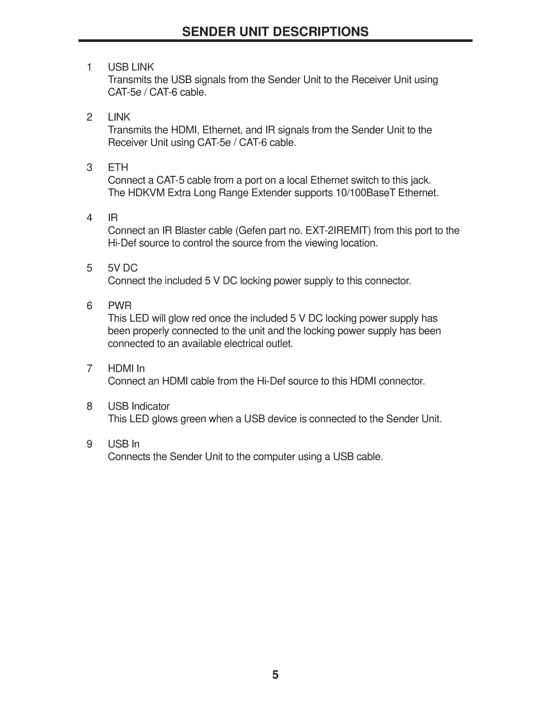 Gefen GTB-HDKVM-ELR, GTB-HDVK,-ELR-BLK user manual Sender Unit Descriptions, USB Link 