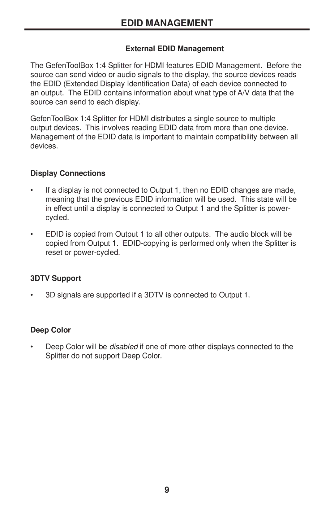 Gefen GTB-MHDMI1.3-144-BLK user manual External Edid Management, Display Connections, 3DTV Support, Deep Color 