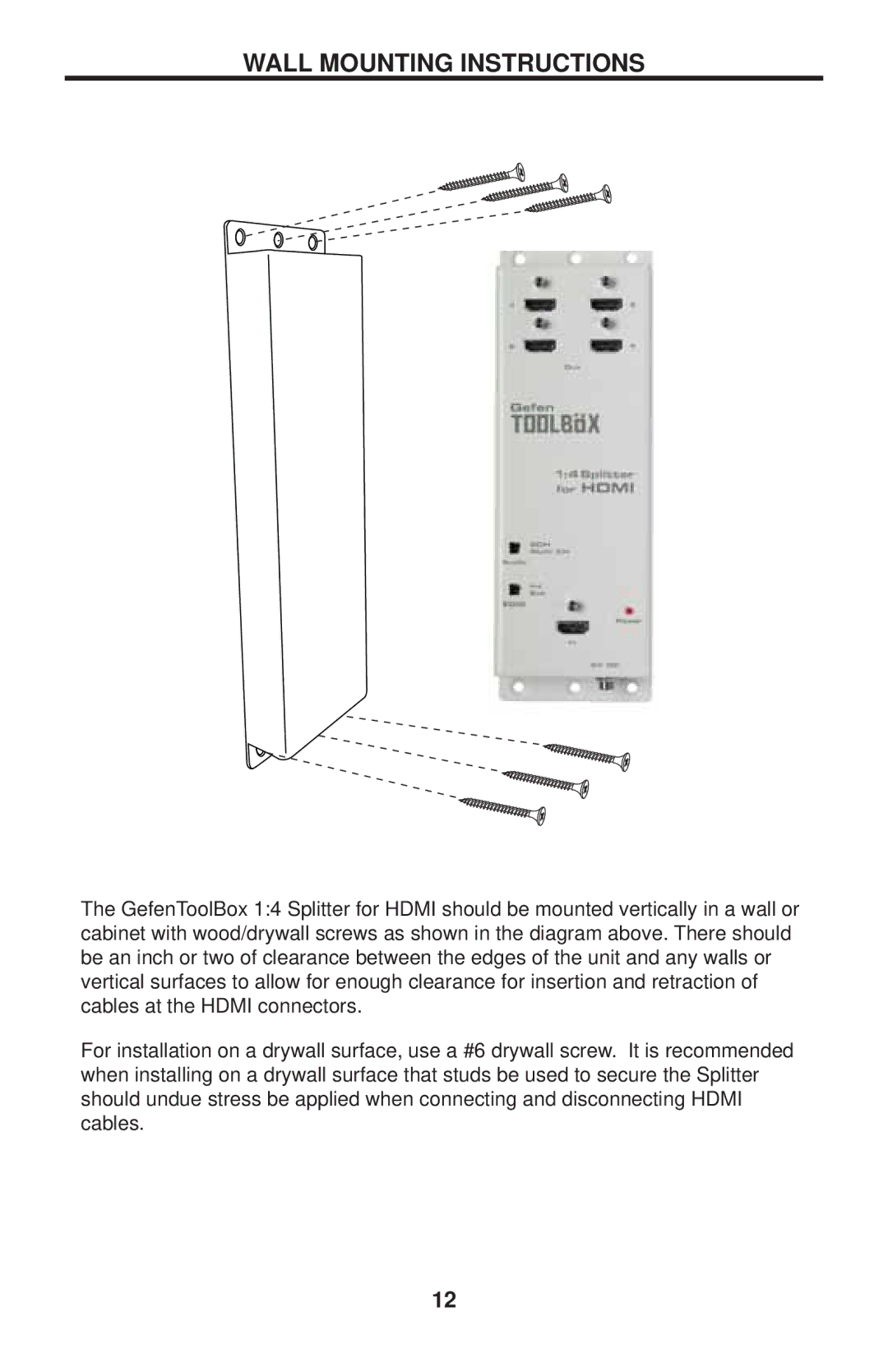 Gefen GTB-MHDMI1.3-144-BLK user manual Wall Mounting Instructions 