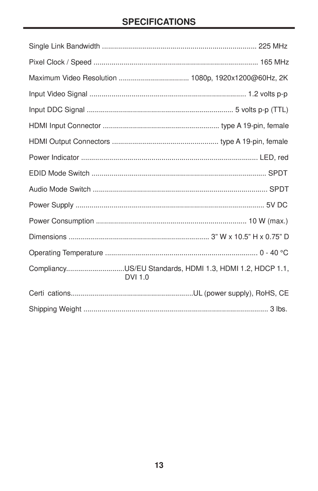 Gefen GTB-MHDMI1.3-144-BLK user manual Specifications, 5V DC 