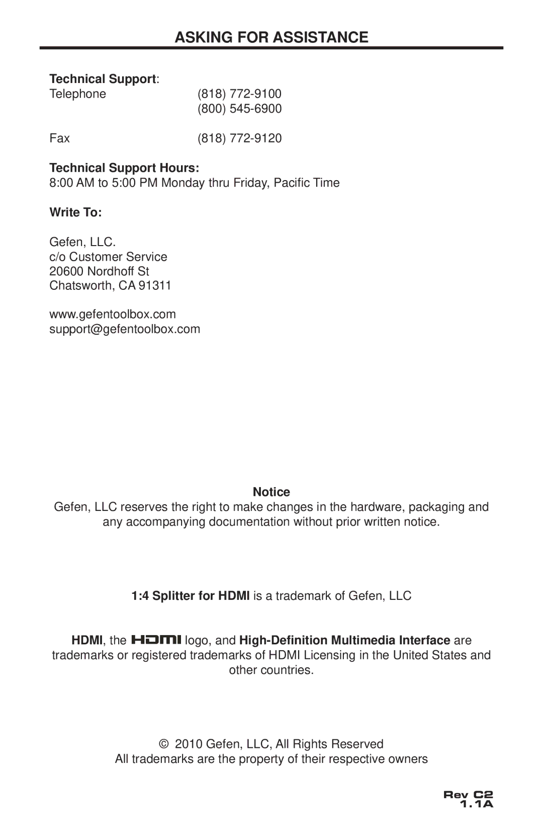 Gefen GTB-MHDMI1.3-144-BLK user manual Asking for Assistance, Technical Support Hours, Write To 