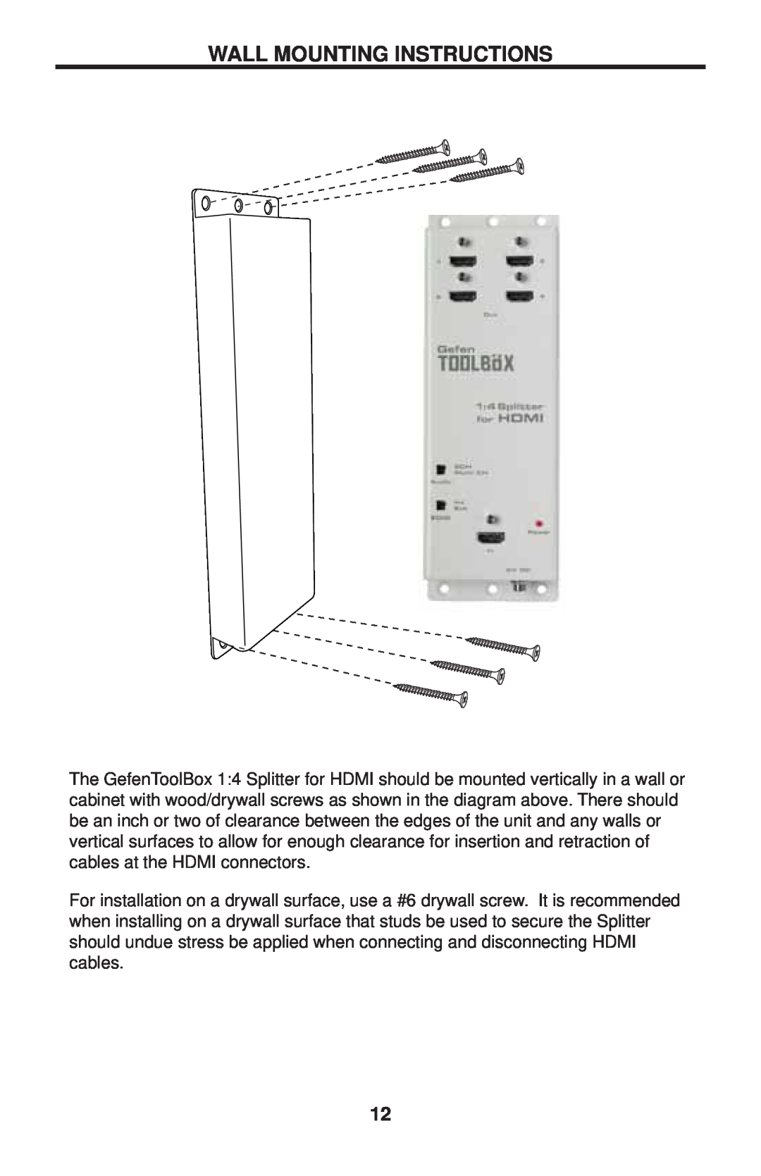 Gefen GTB-MHDMI1.3-144-BLK user manual Wall Mounting Instructions 
