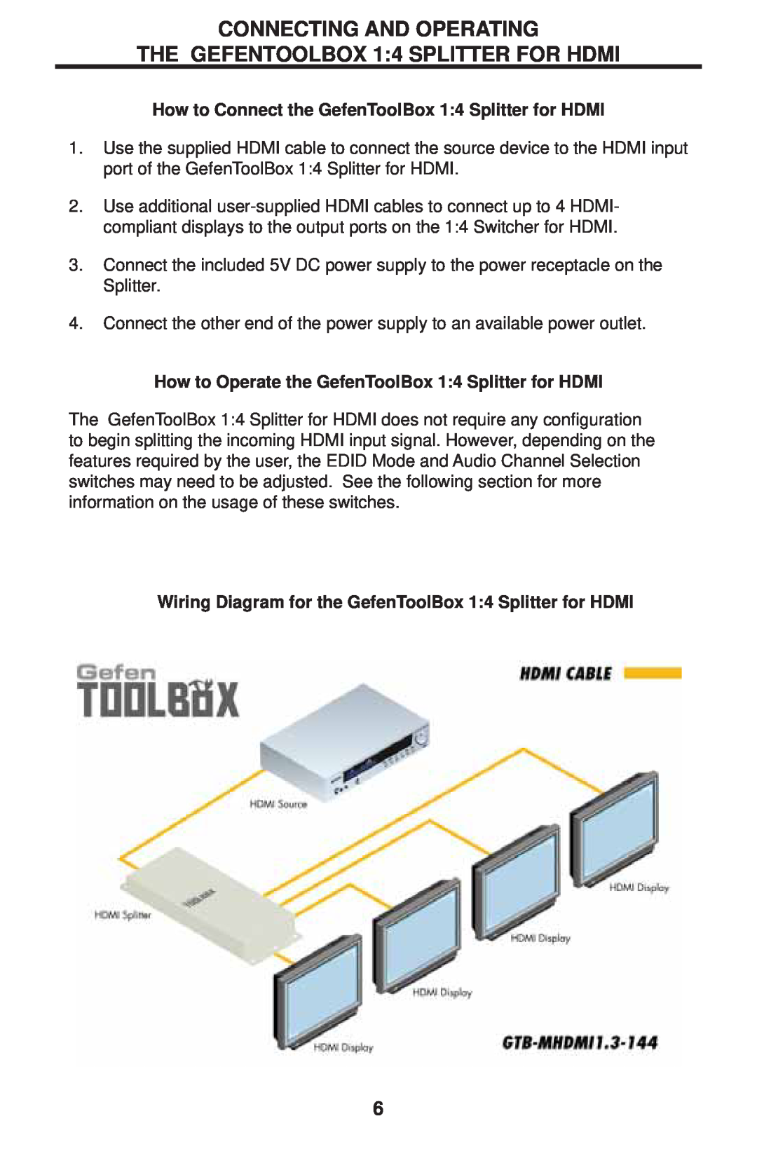 Gefen GTB-MHDMI1.3-144-BLK user manual CONNECTING AND OPERATING THE GEFENTOOLBOX 14 SPLITTER FOR HDMI 