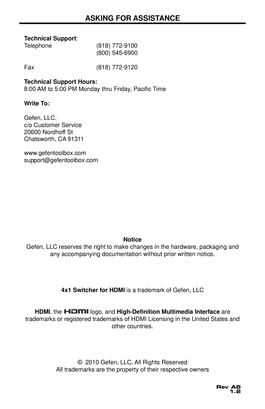 Gefen GTB-MHDMI1.3-441 user manual Asking for Assistance, Technical Support Hours, Write To 