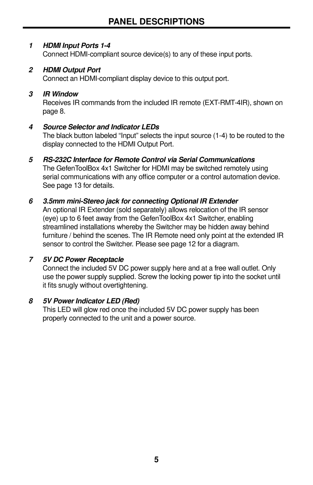 Gefen GTB-MHDMI1.3-441 user manual Panel Descriptions, Source Selector and Indicator LEDs 