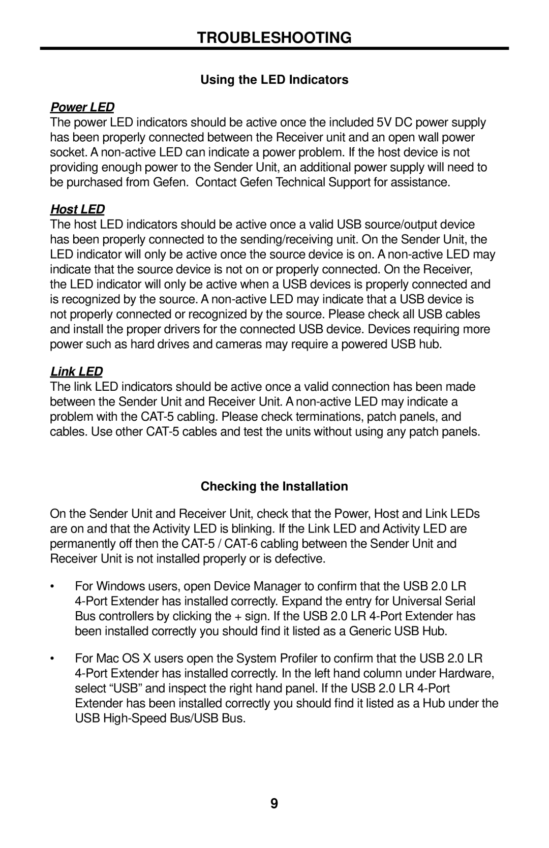 Gefen GTB-USB2.0-4LR user manual Troubleshooting, Using the LED Indicators, Checking the Installation 