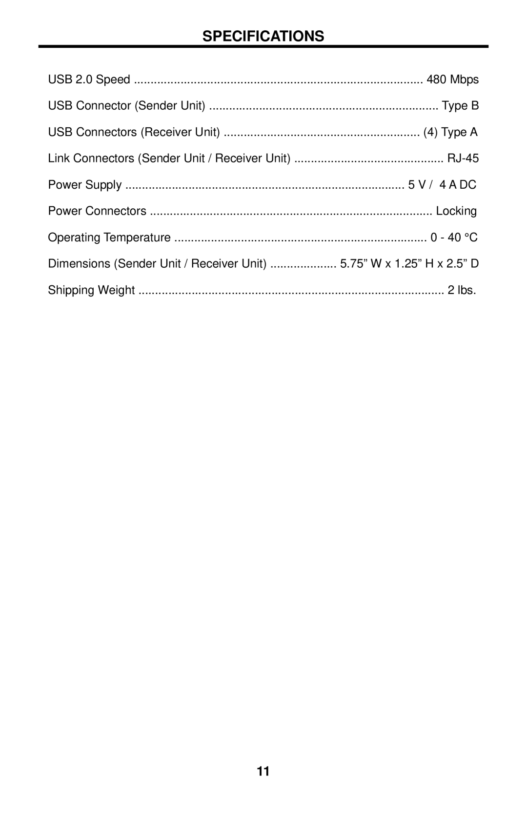 Gefen GTB-USB2.0-4LR user manual Specifications 