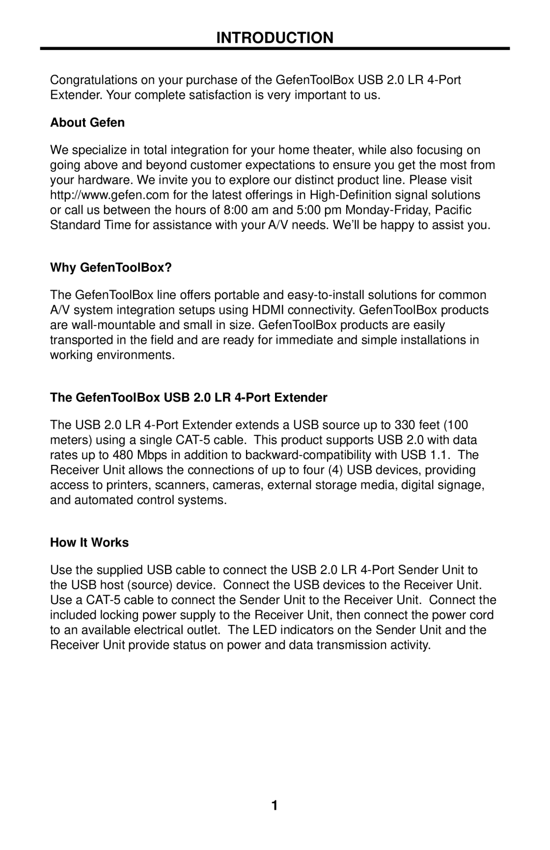 Gefen GTB-USB2.0-4LR Introduction, About Gefen Why GefenToolBox?, GefenToolBox USB 2.0 LR 4-Port Extender, How It Works 