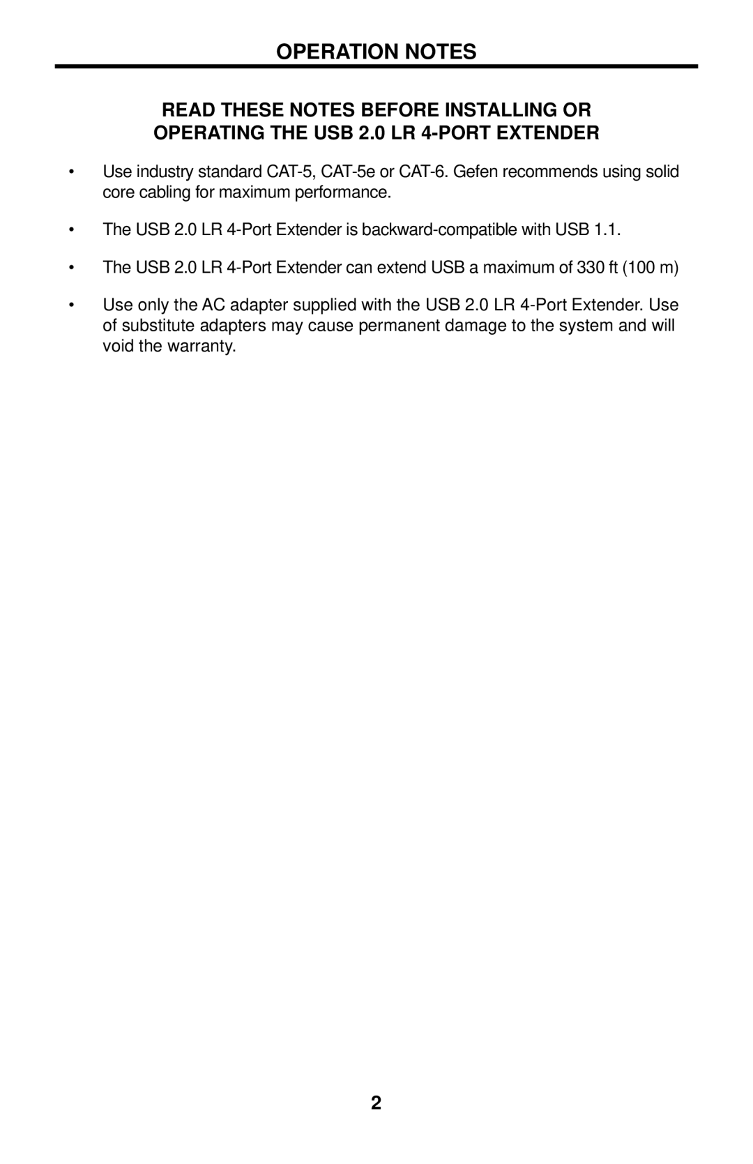 Gefen GTB-USB2.0-4LR user manual Operation Notes 