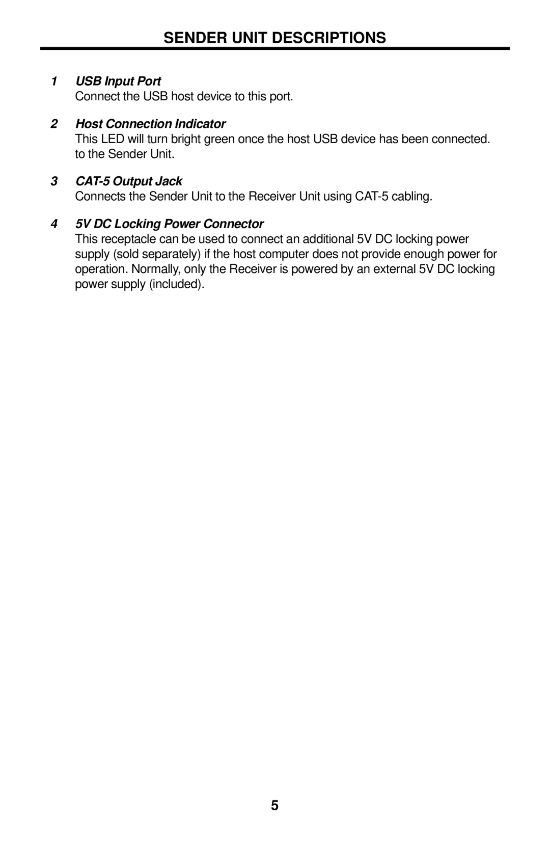 Gefen GTB-USB2.0-4LR user manual Sender Unit Descriptions, Host Connection Indicator 