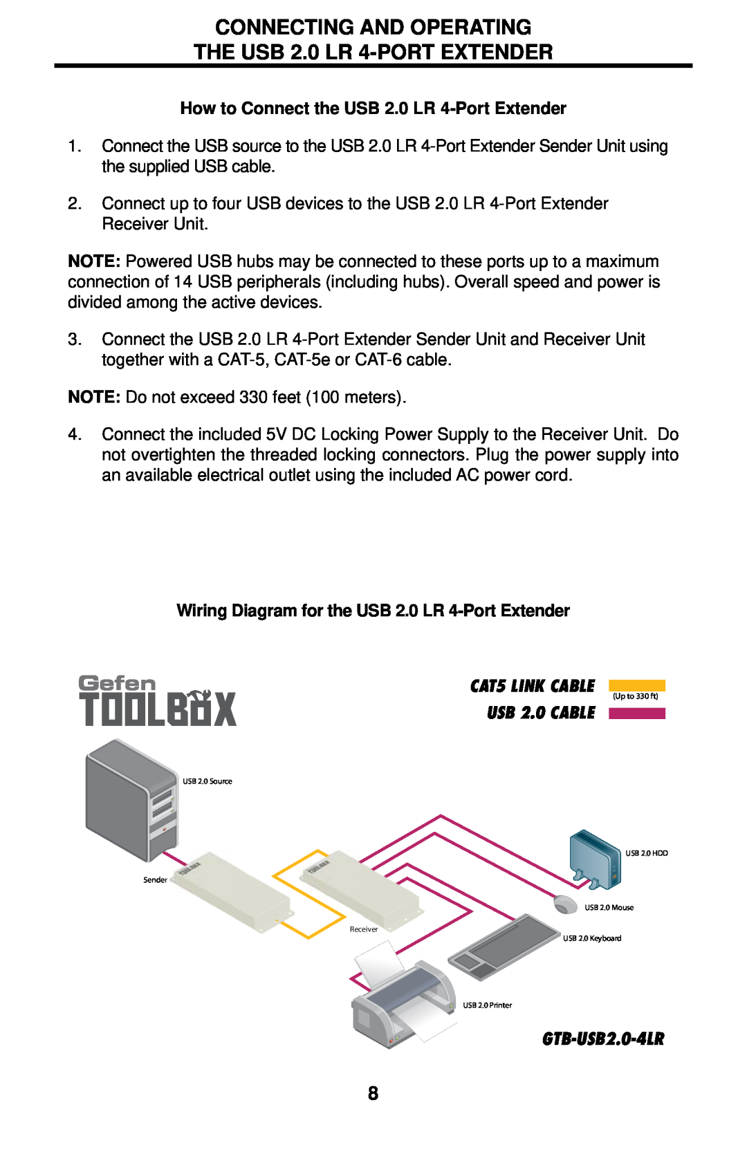 Gefen GTB-USB2.0-4LR user manual CONNECTING AND OPERATING THE USB 2.0 LR 4-PORT EXTENDER, USB 2.0 CABLE, Gefen 