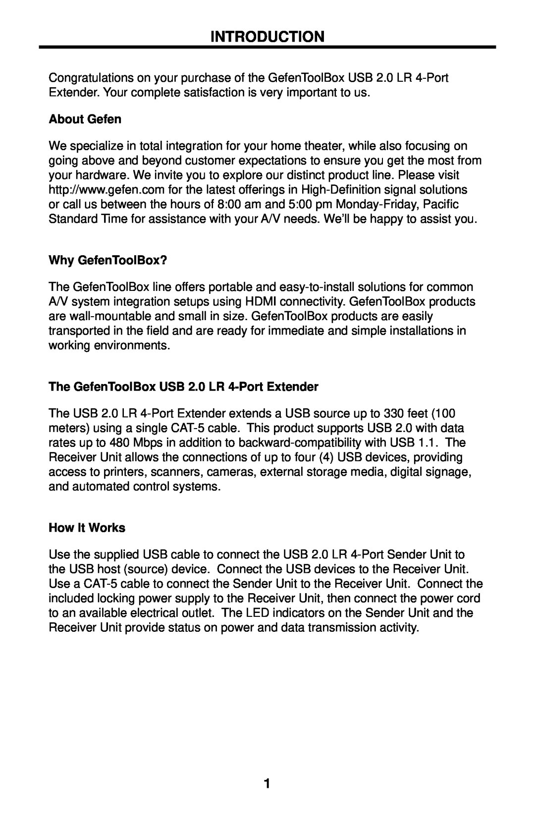 Gefen GTB-USB2.0-4LR user manual Introduction, About Gefen, Why GefenToolBox?, The GefenToolBox USB 2.0 LR 4-Port Extender 