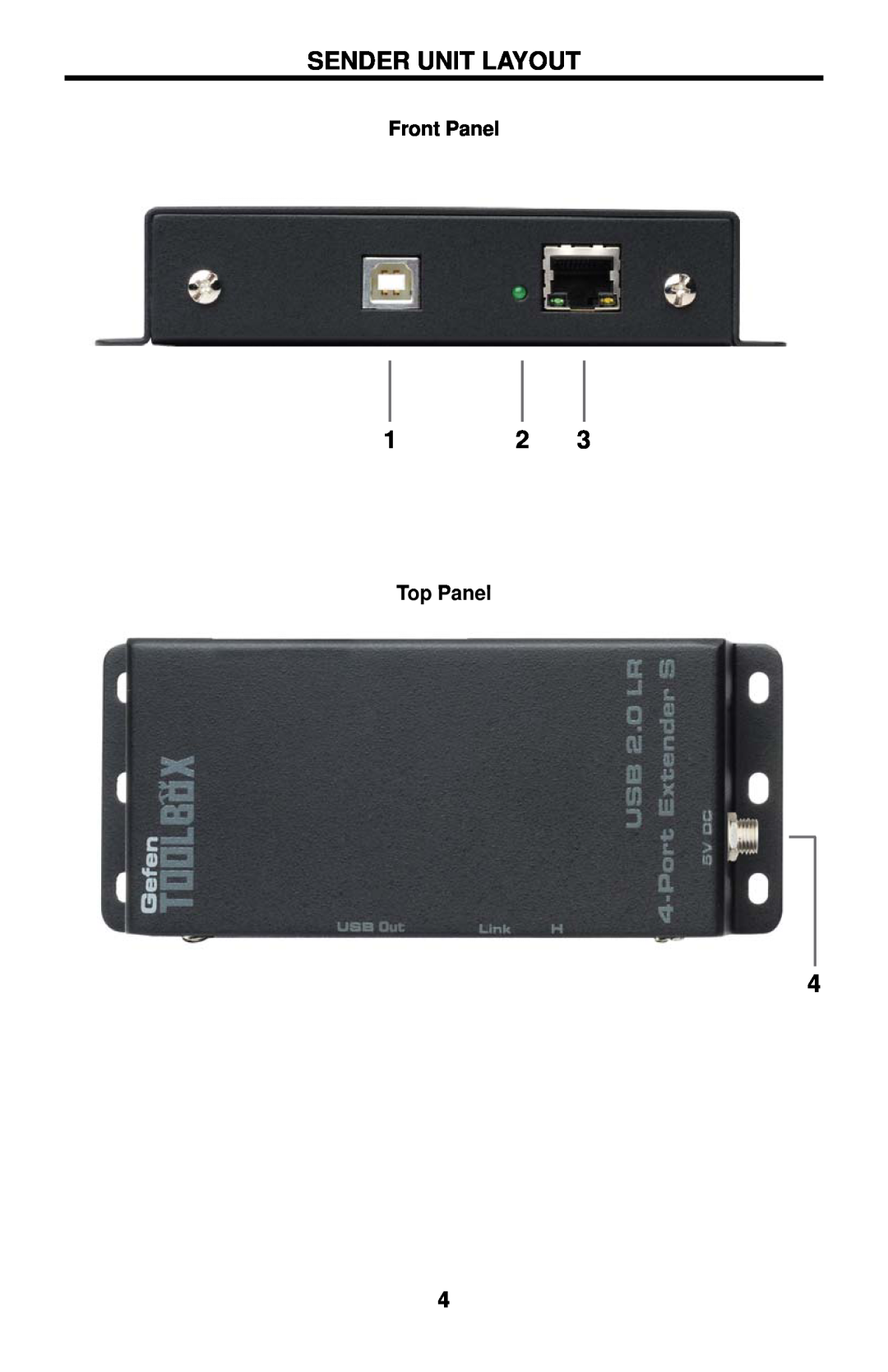 Gefen GTB-USB2.0-4LR user manual Sender Unit Layout, Front Panel, Top Panel 