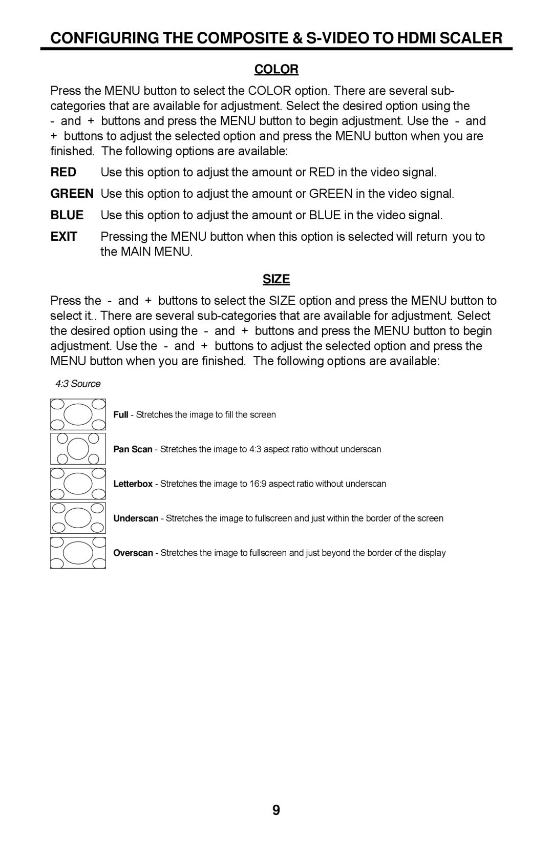 Gefen GTV-COMPSVID-2-HDMIS user manual Size, Source 