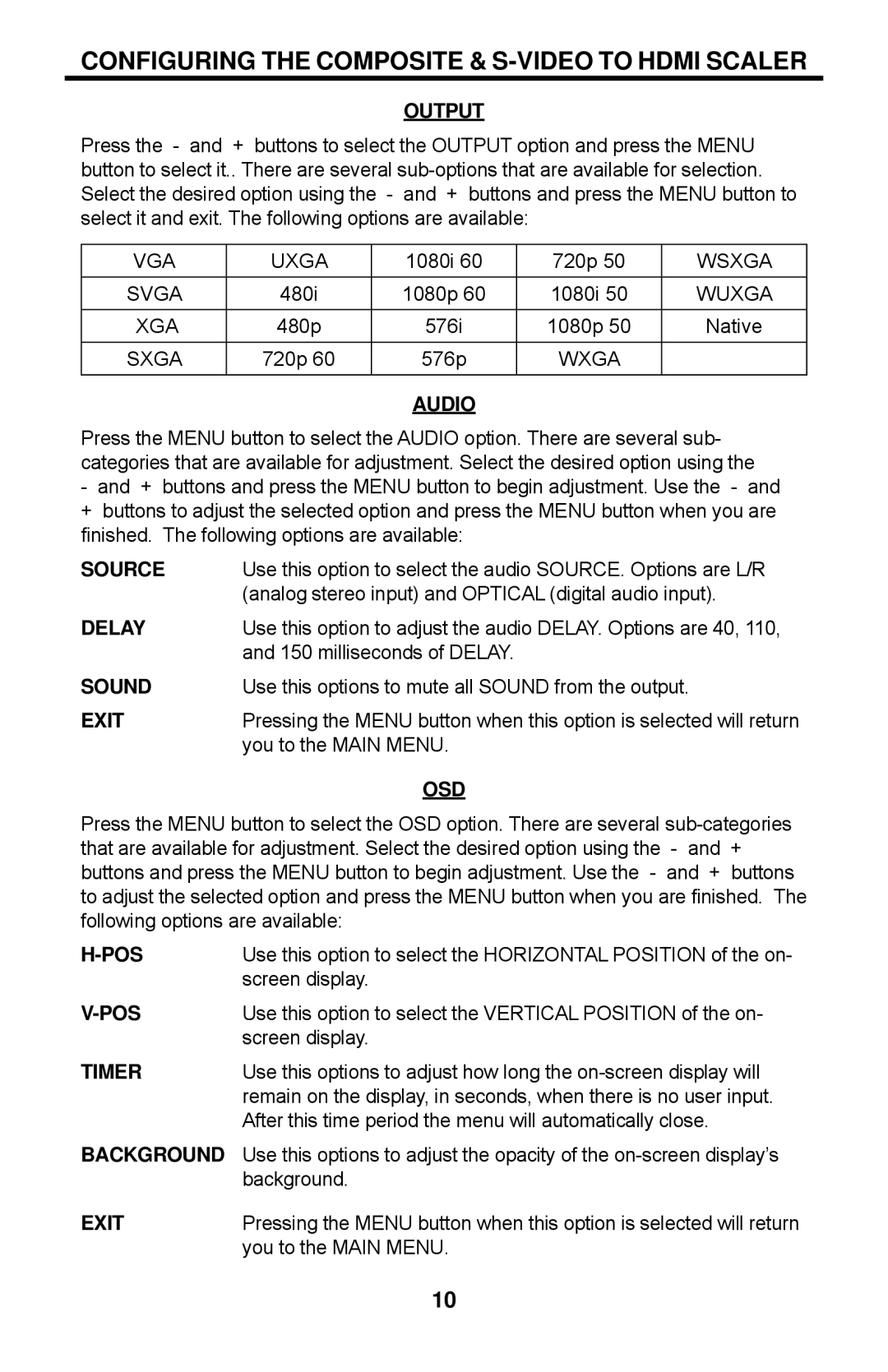 Gefen GTV-COMPSVID-2-HDMIS user manual Source, Delay, Sound, Pos, Timer, Background 