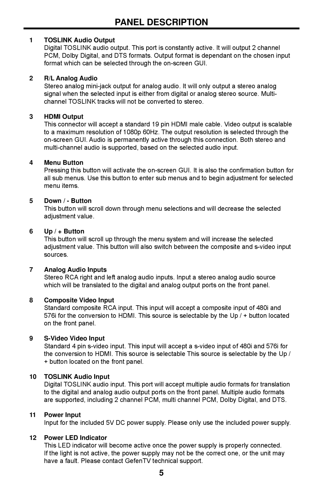 Gefen GTV-COMPSVID-2-HDMIS user manual Panel Description, Toslink Audio Output 