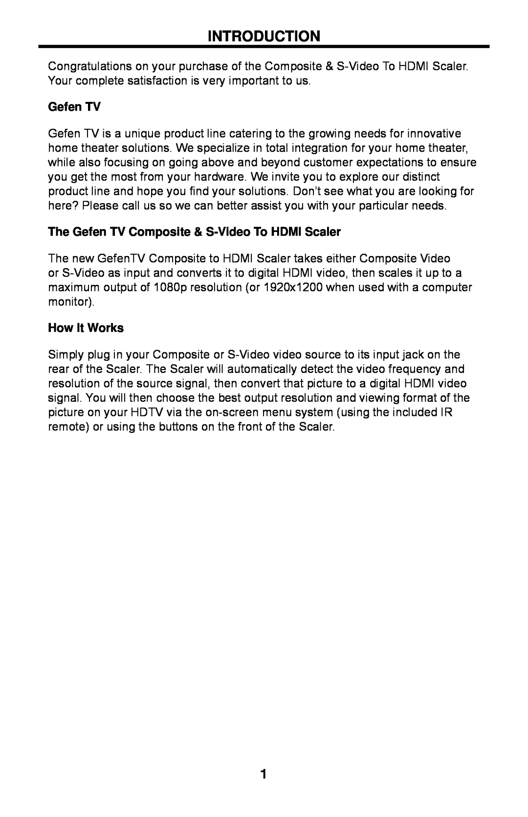Gefen GTV-COMPSVID-2-HDMIS user manual Introduction, The Gefen TV Composite & S-VideoTo HDMI Scaler, How It Works 