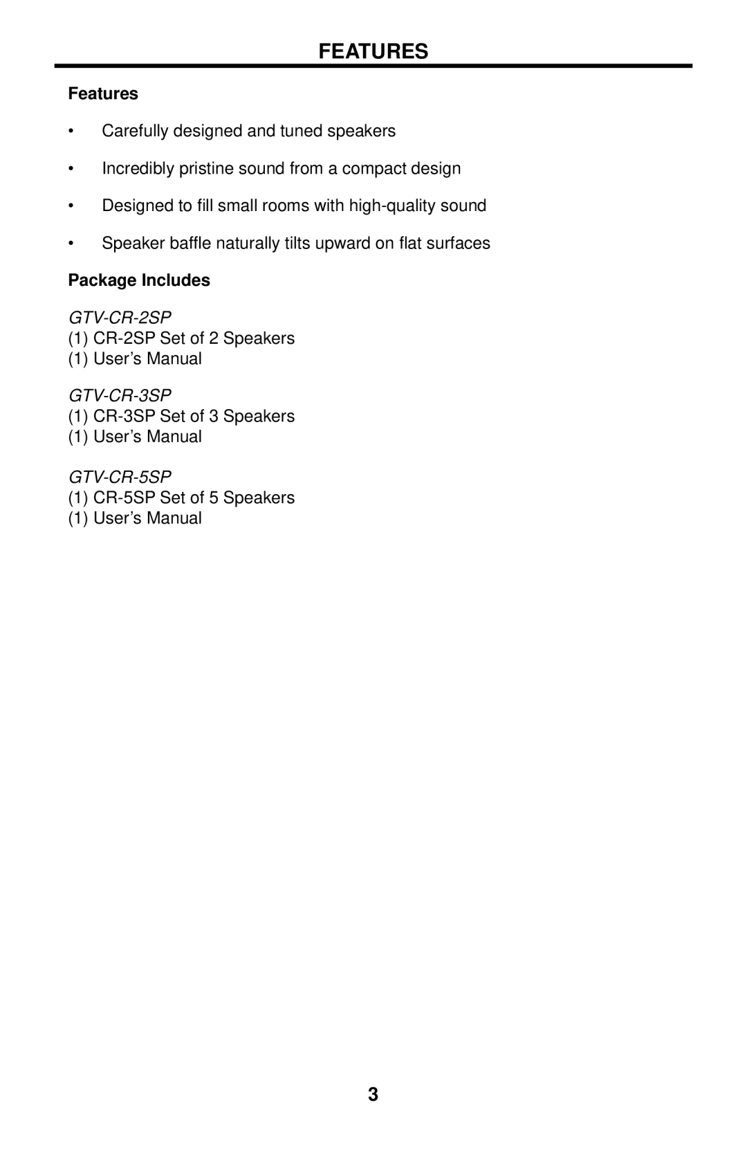 Gefen GTV-CR-3SP, GTV-CR-5SP, GTV-CR-2SP user manual Features, Package Includes 