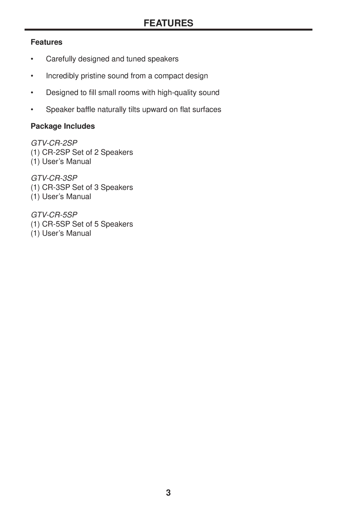 Gefen GTV-CR-3SP, GTV-CR-5SP, GTV-CR-2SP user manual Features, Package Includes 