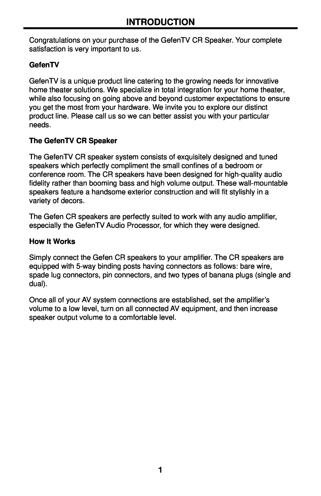 Gefen GTV-CR-5SP, GTV-CR-3SP, GTV-CR-2SP user manual Introduction, The GefenTV CR Speaker, How It Works 