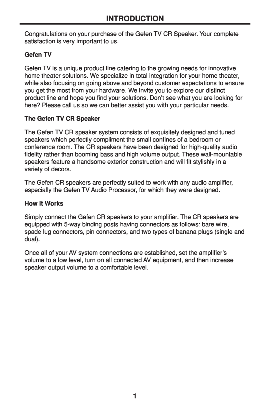 Gefen GTV-CR-5SP, GTV-CR-3SP, GTV-CR-2SP user manual Introduction, The Gefen TV CR Speaker, How It Works 