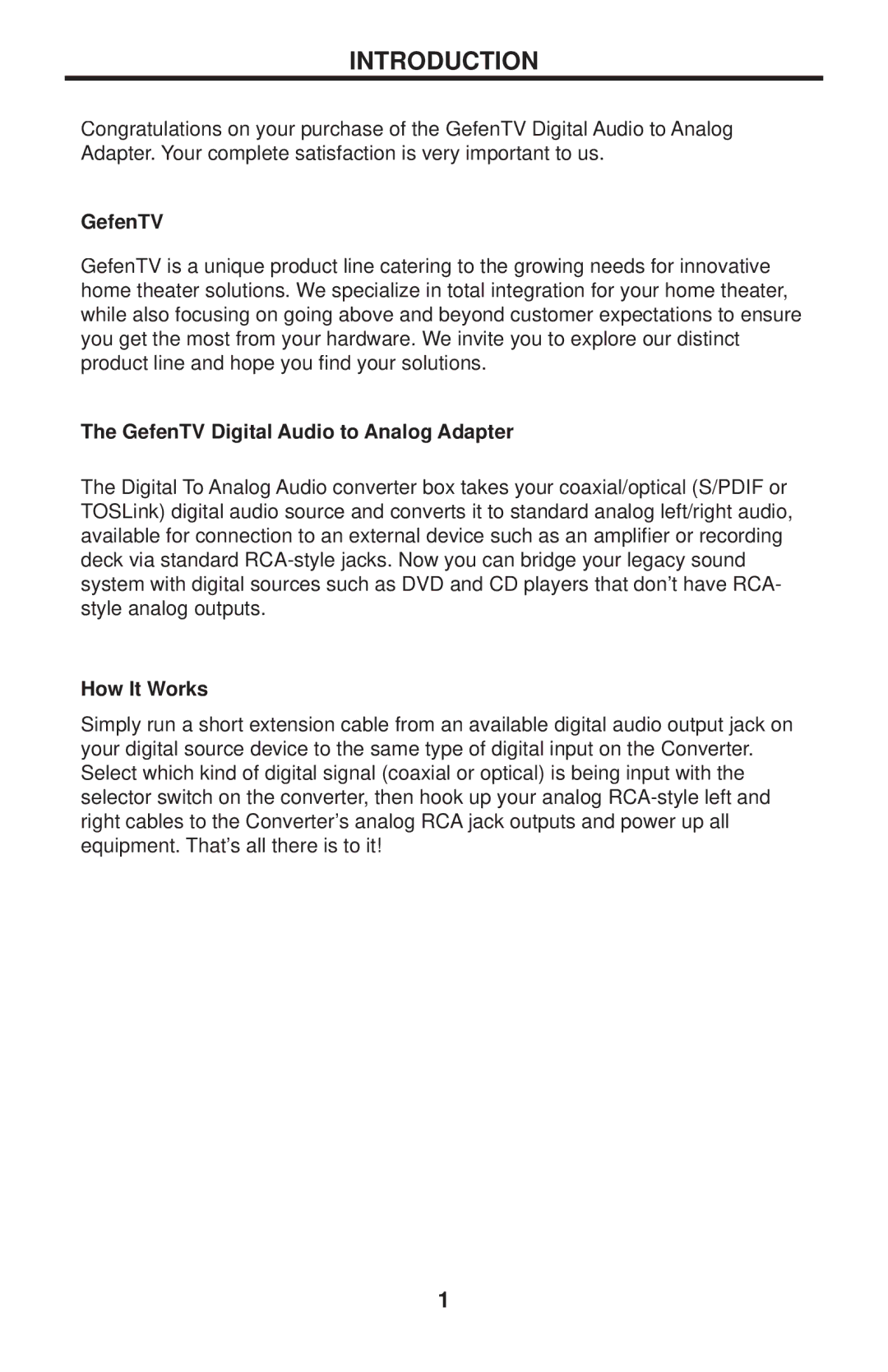 Gefen GTV-DIGAUD-2-AAUD user manual Introduction, GefenTV Digital Audio to Analog Adapter, How It Works 