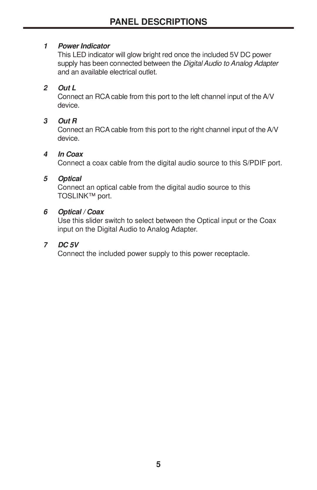 Gefen GTV-DIGAUD-2-AAUD user manual Panel Descriptions, Power Indicator 