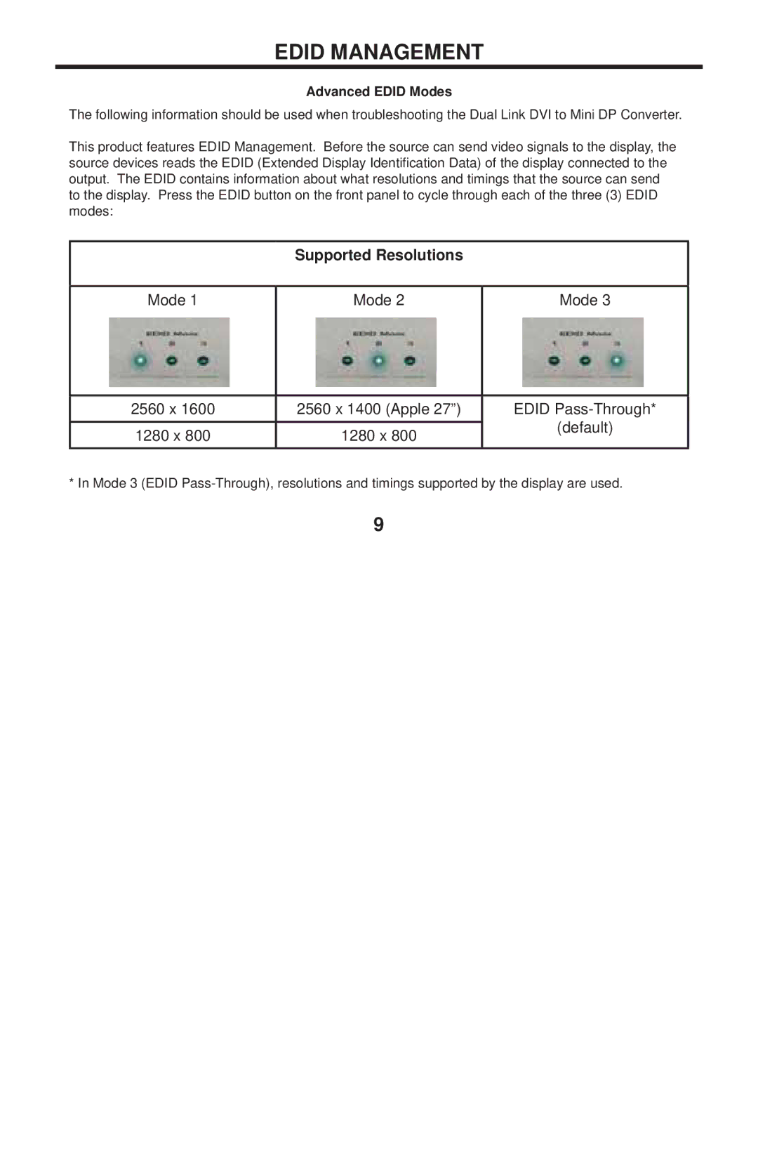 Gefen GTV-DVIDL-2-MDP user manual Edid Management, Advanced Edid Modes 