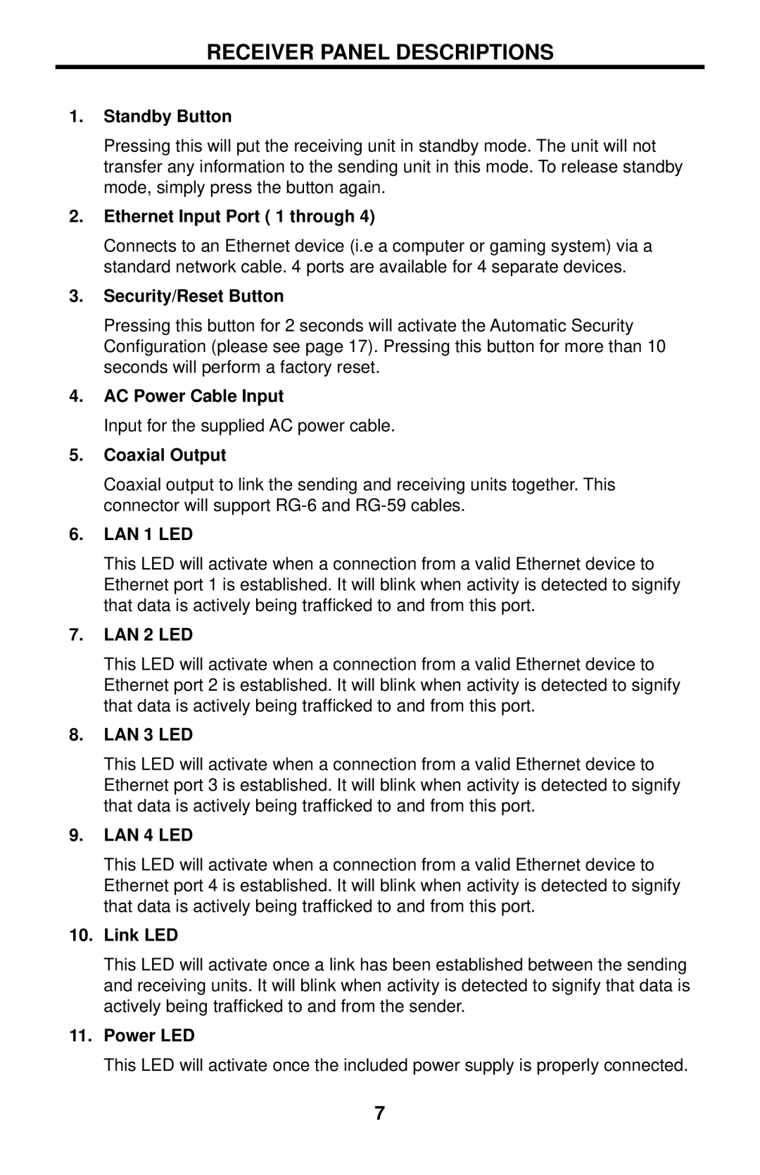 Gefen GTV-ETH-2COAX user manual Receiver Panel Descriptions 