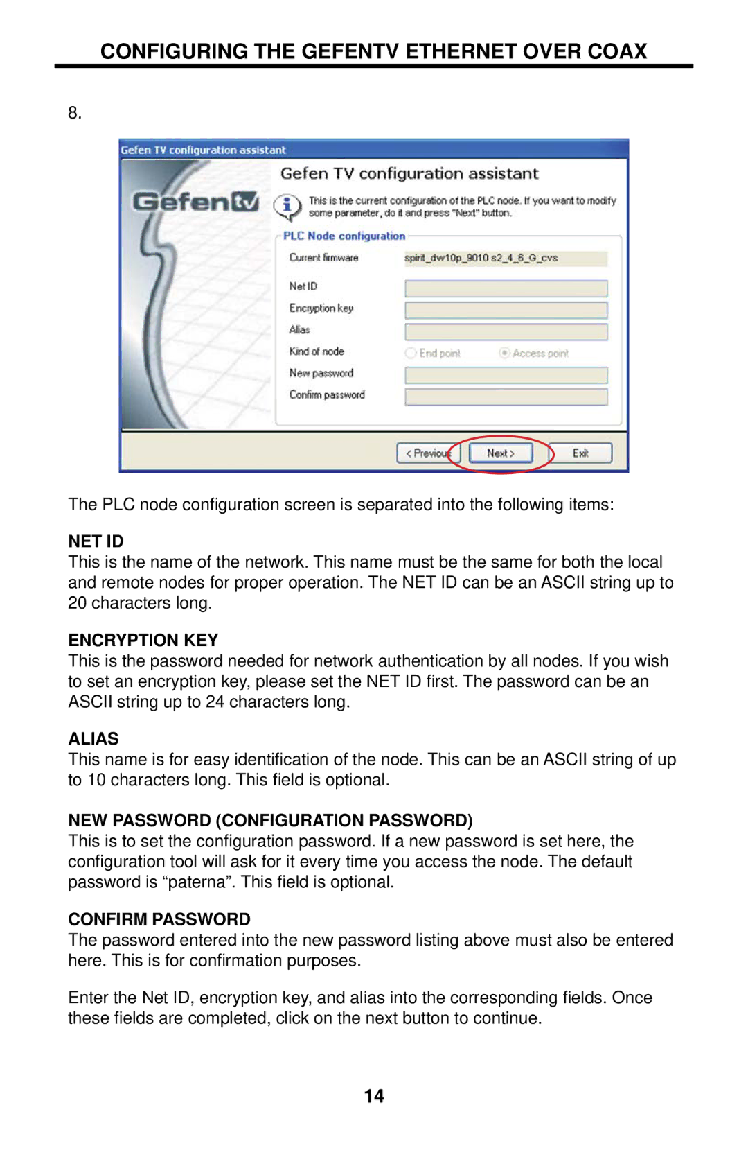 Gefen GTV-ETH-2COAX user manual Net Id, Encryption KEY, Alias, NEW Password Configuration Password, Confirm Password 