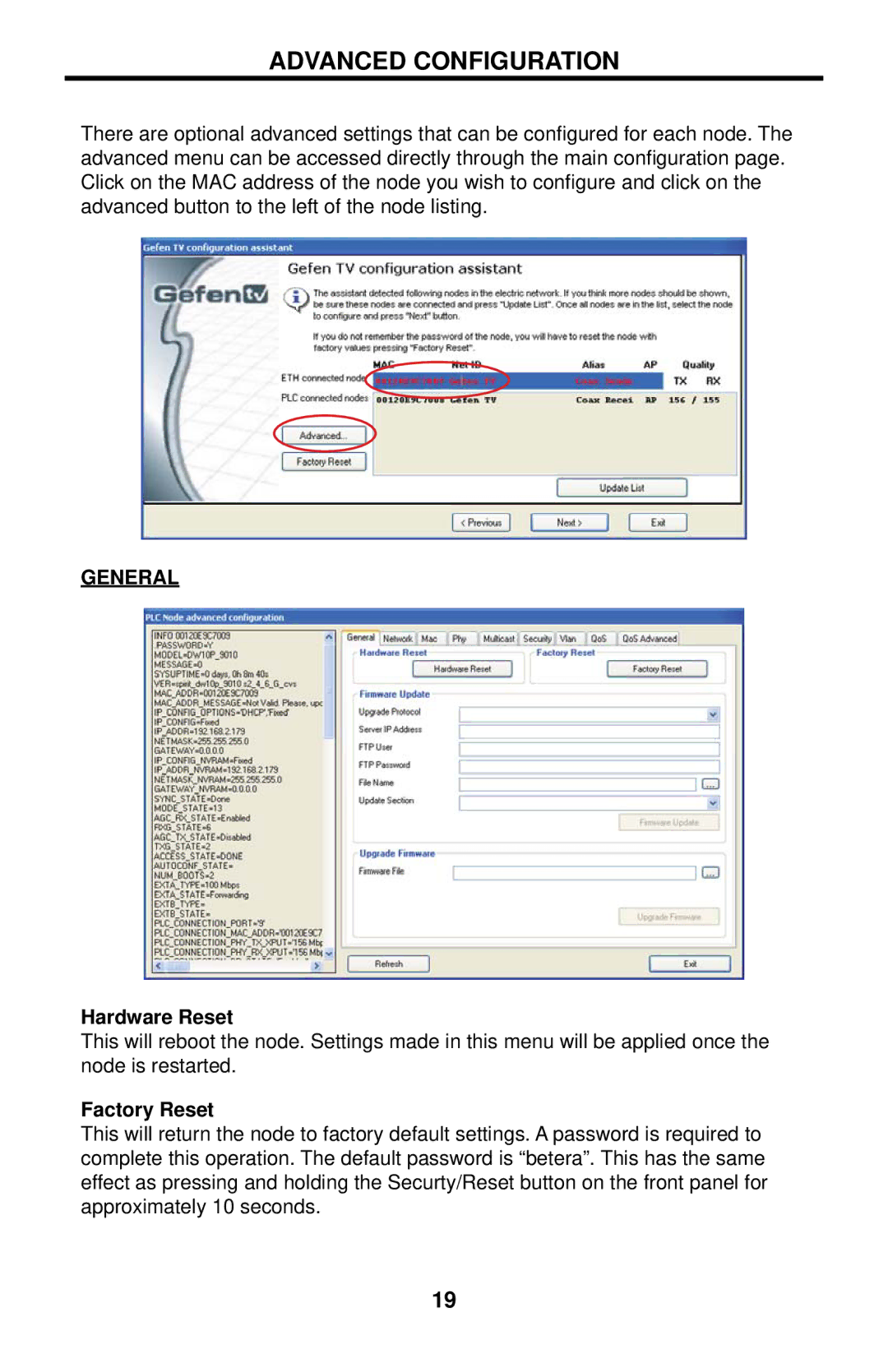 Gefen GTV-ETH-2COAX user manual Advanced Configuration, General, Hardware Reset, Factory Reset 