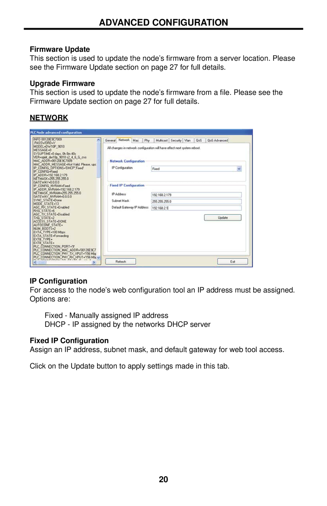 Gefen GTV-ETH-2COAX user manual Firmware Update, Upgrade Firmware, Network, Fixed IP Conﬁguration 