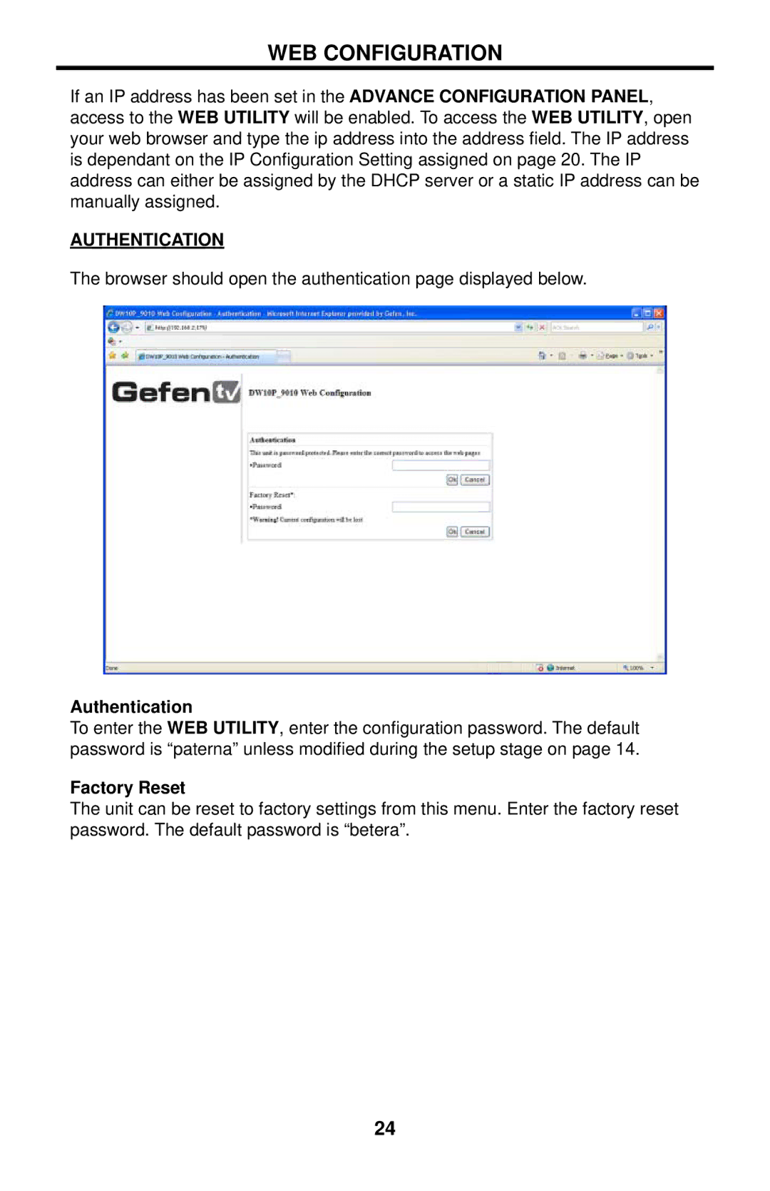 Gefen GTV-ETH-2COAX user manual WEB Configuration, Authentication 