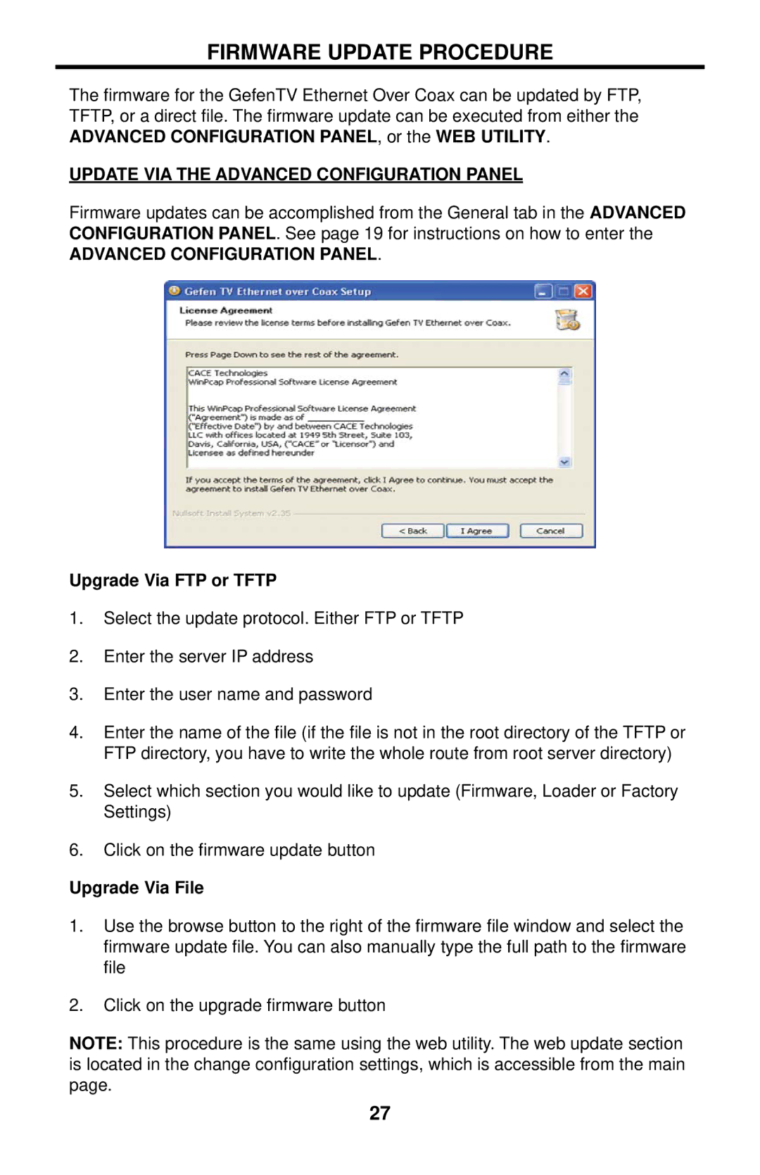 Gefen GTV-ETH-2COAX Firmware Update Procedure, Update VIA the Advanced Configuration Panel, Upgrade Via FTP or Tftp 