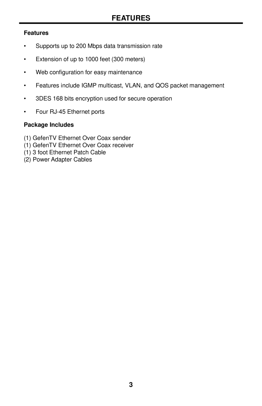 Gefen GTV-ETH-2COAX user manual Features, Package Includes 