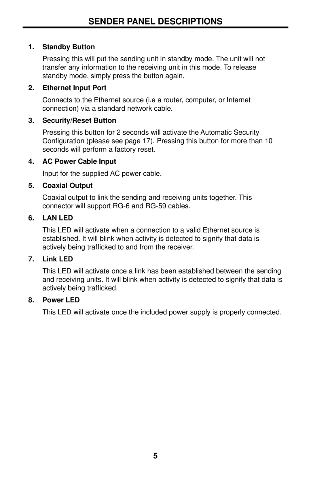 Gefen GTV-ETH-2COAX user manual Sender Panel Descriptions, Lan Led 