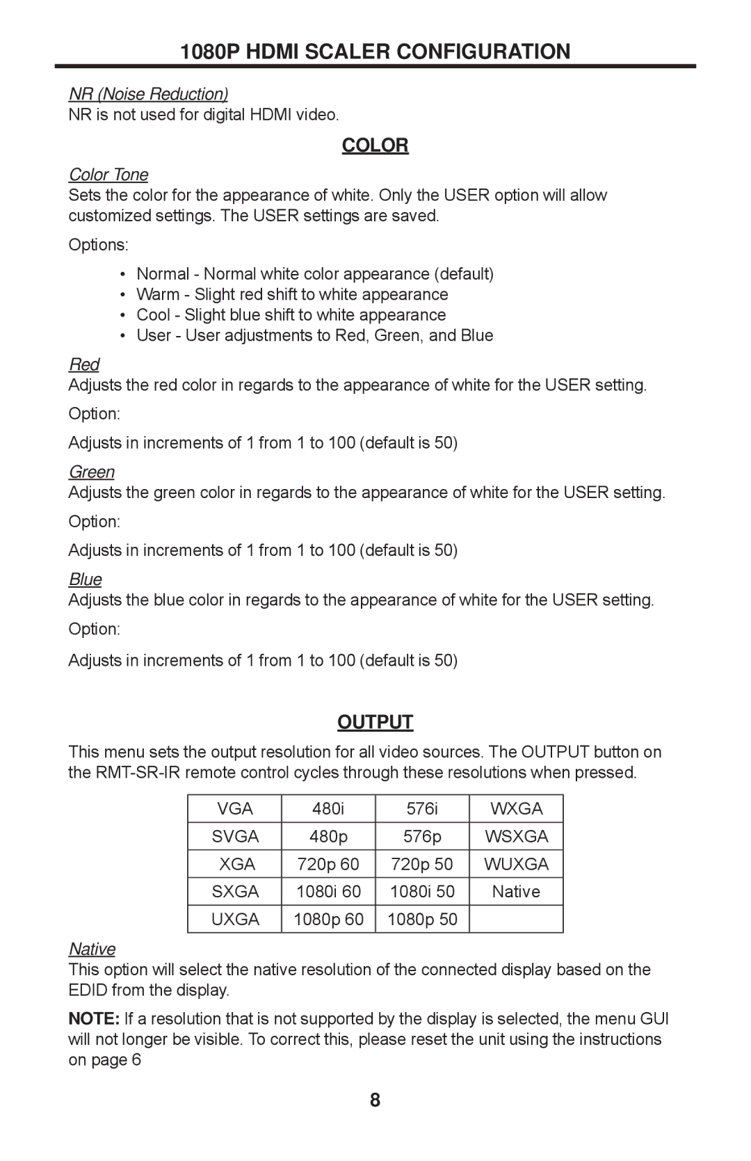 Gefen GTV-HDMI-1080PS user manual Color, Output 