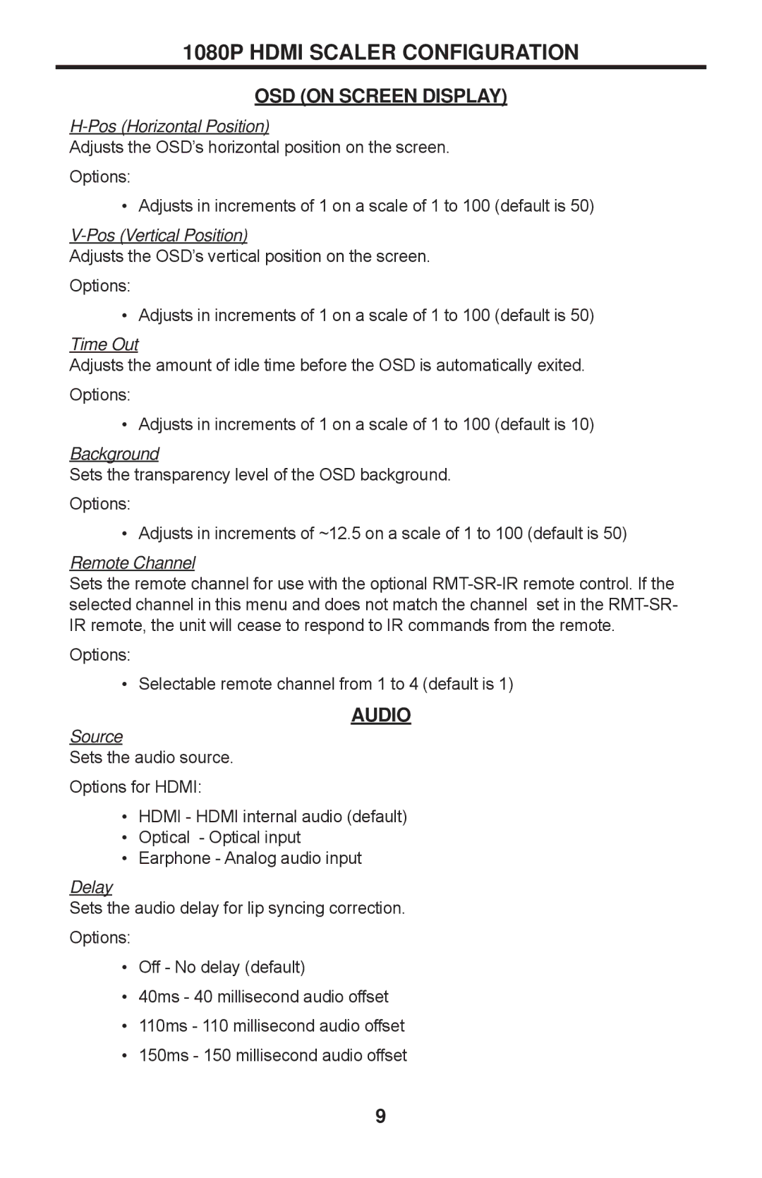 Gefen GTV-HDMI-1080PS user manual OSD on Screen Display, Audio 