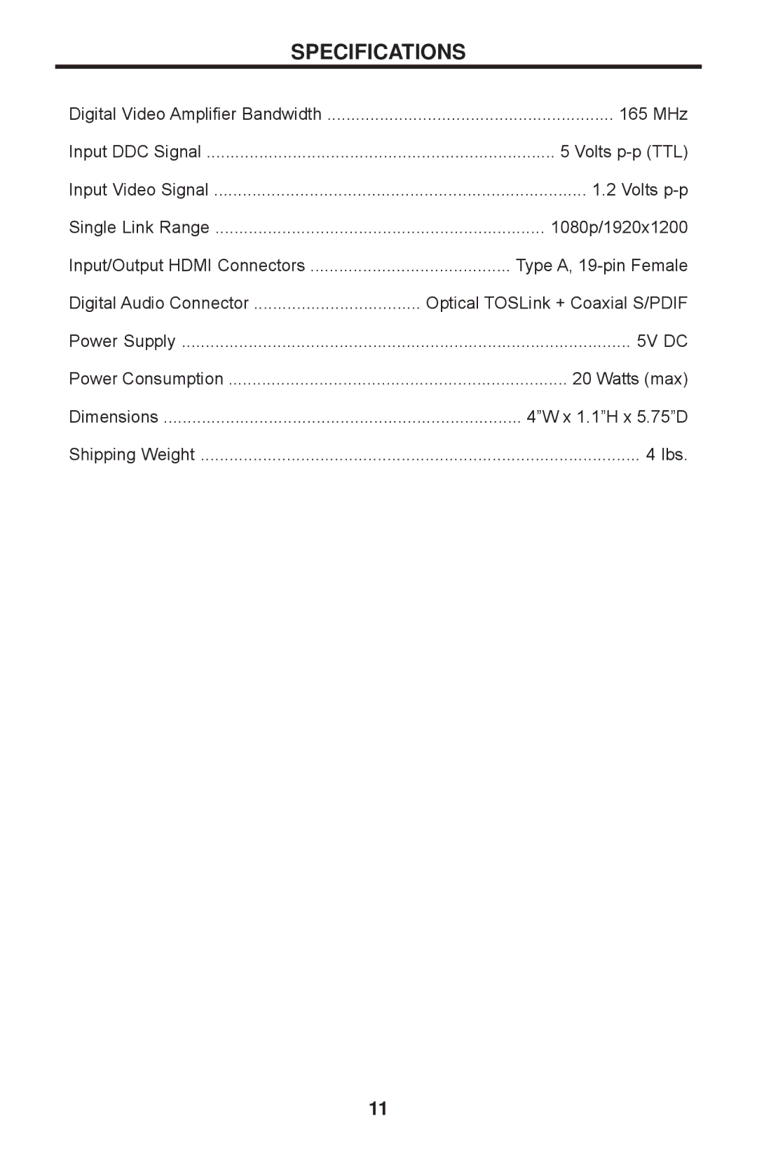 Gefen GTV-HDMI-1080PS user manual Specifications 