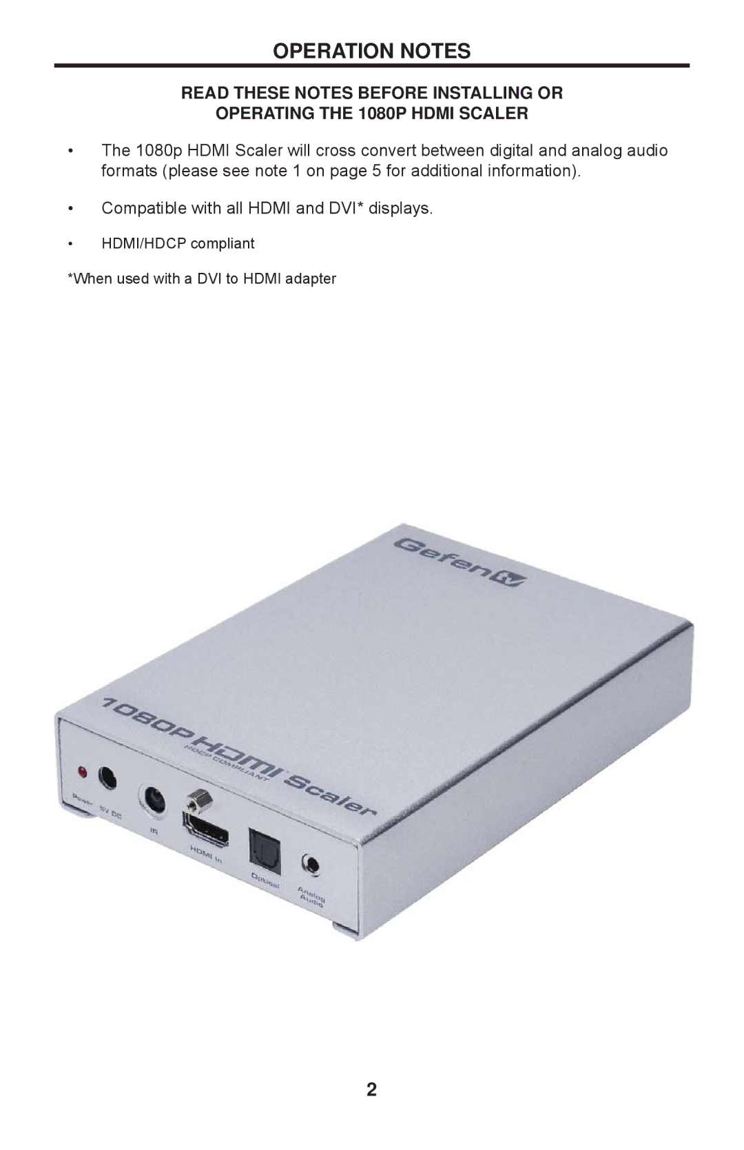 Gefen GTV-HDMI-1080PS user manual Operation Notes 