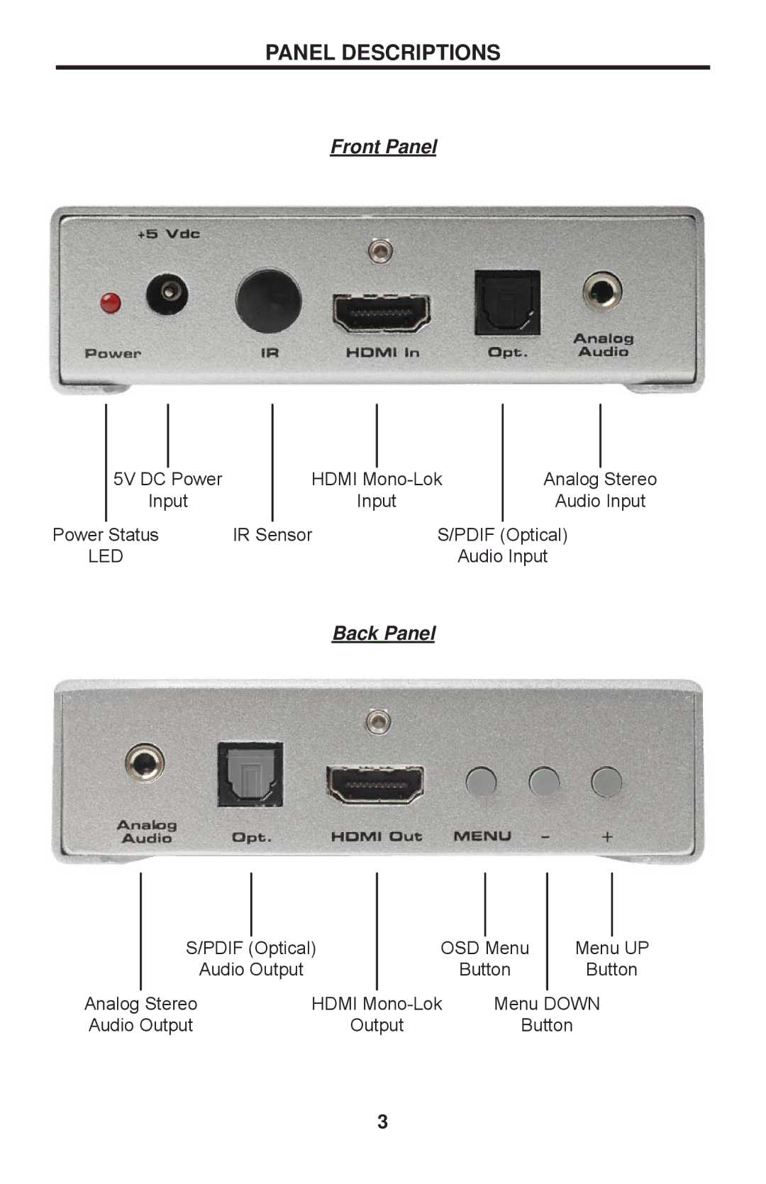 Gefen GTV-HDMI-1080PS user manual Panel Descriptions, Front Panel 