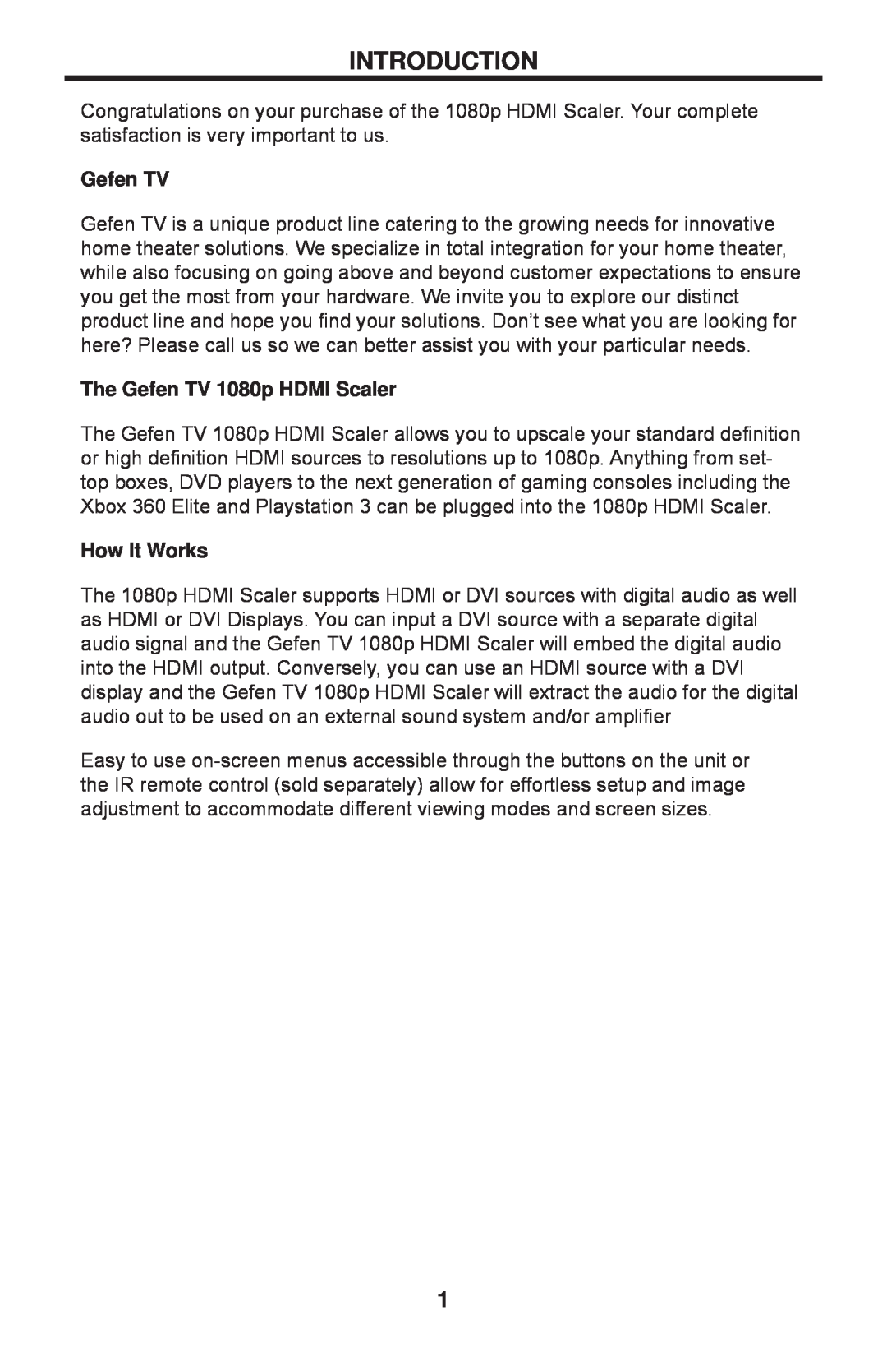 Gefen GTV-HDMI-1080PS user manual Introduction, The Gefen TV 1080p HDMI Scaler, How It Works 